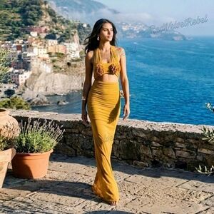 NWT Elegant Rosette Halter Neck Mesh Ibiza Festival Resort Bodycon Maxi Dress